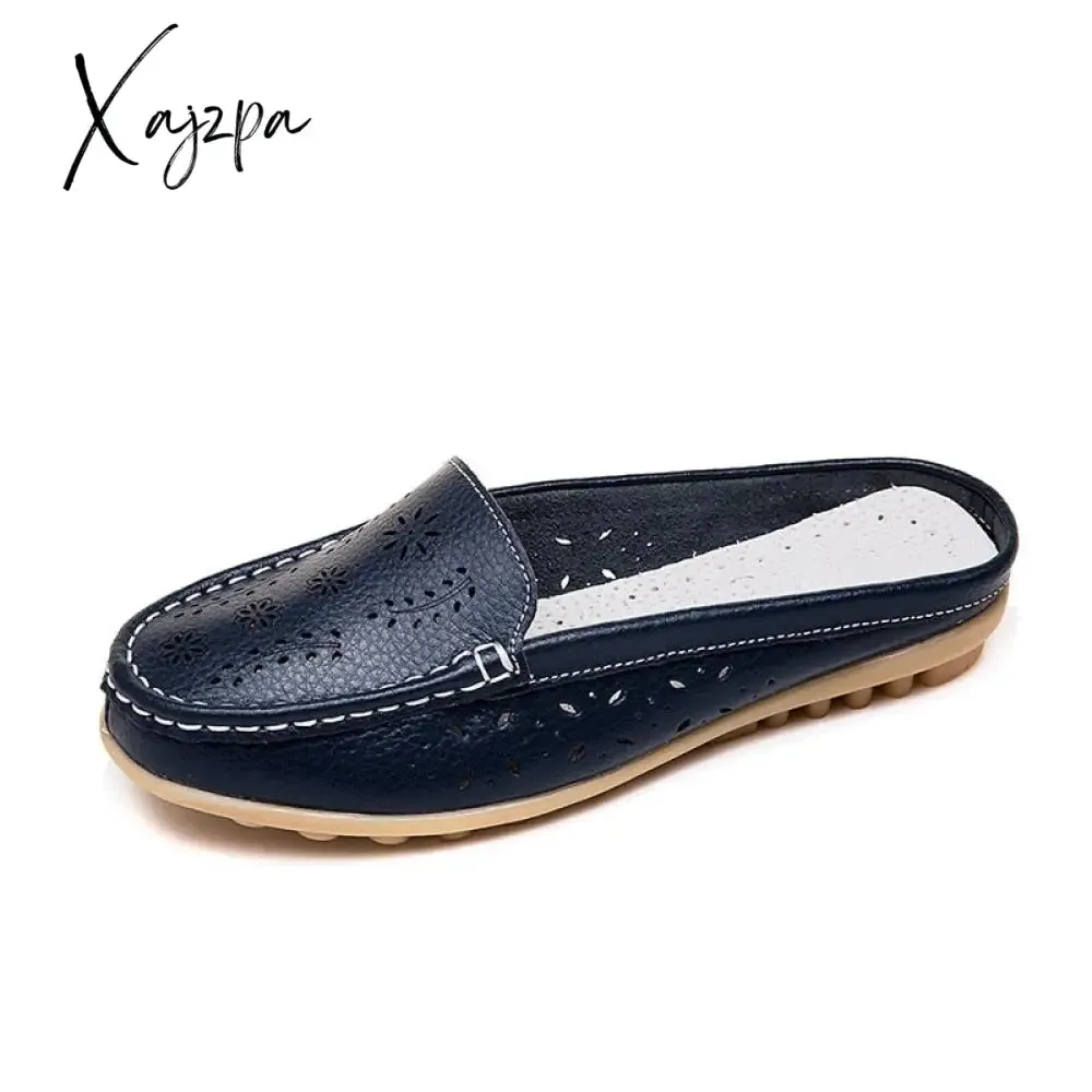 Xajzpa - Flats Women's Shoes Summer Genuine Leather Moccasins Women Loafers Cut-outs Closed-toe Slippers Casual Shoes Woman Sandals