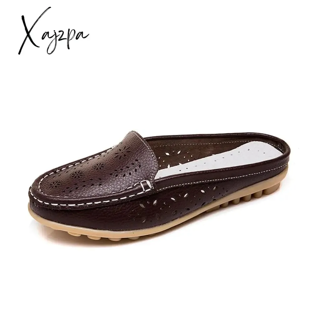 Xajzpa - Flats Women's Shoes Summer Genuine Leather Moccasins Women Loafers Cut-outs Closed-toe Slippers Casual Shoes Woman Sandals