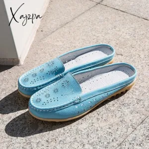 Xajzpa - Flats Women's Shoes Summer Genuine Leather Moccasins Women Loafers Cut-outs Closed-toe Slippers Casual Shoes Woman Sandals