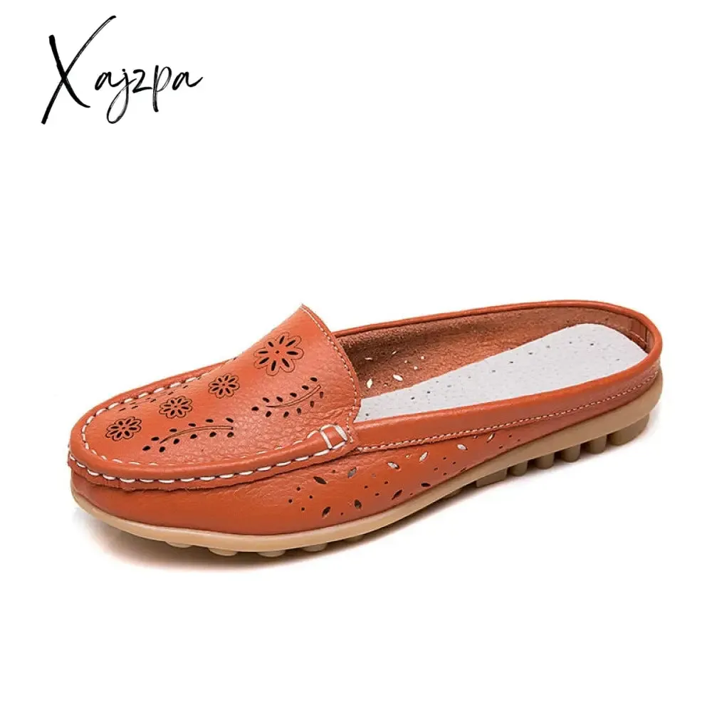 Xajzpa - Flats Women's Shoes Summer Genuine Leather Moccasins Women Loafers Cut-outs Closed-toe Slippers Casual Shoes Woman Sandals