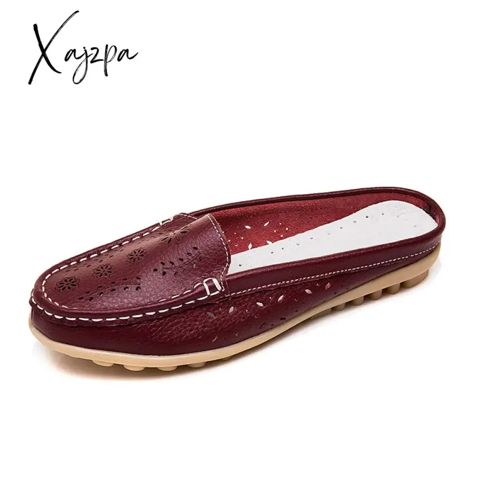 Xajzpa - Flats Women's Shoes Summer Genuine Leather Moccasins Women Loafers Cut-outs Closed-toe Slippers Casual Shoes Woman Sandals