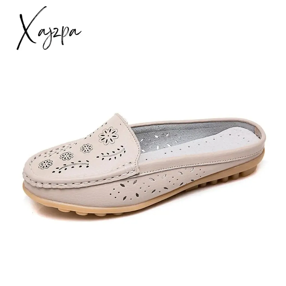 Xajzpa - Flats Women's Shoes Summer Genuine Leather Moccasins Women Loafers Cut-outs Closed-toe Slippers Casual Shoes Woman Sandals